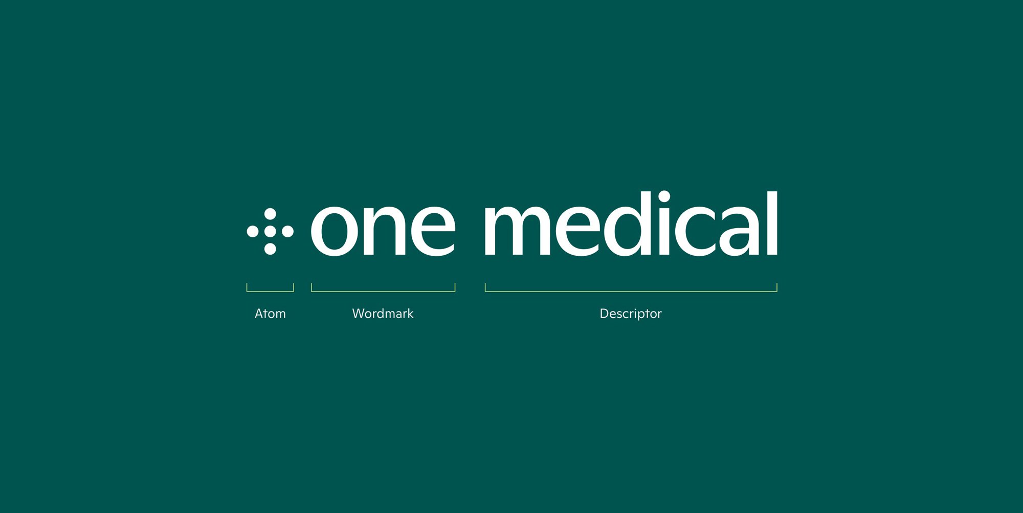 The One Medical logo consists of three distinct elements: the atom is represented by 5 dots, the brand wordmark is the word "one", and the brand descriptor is the word "medical"