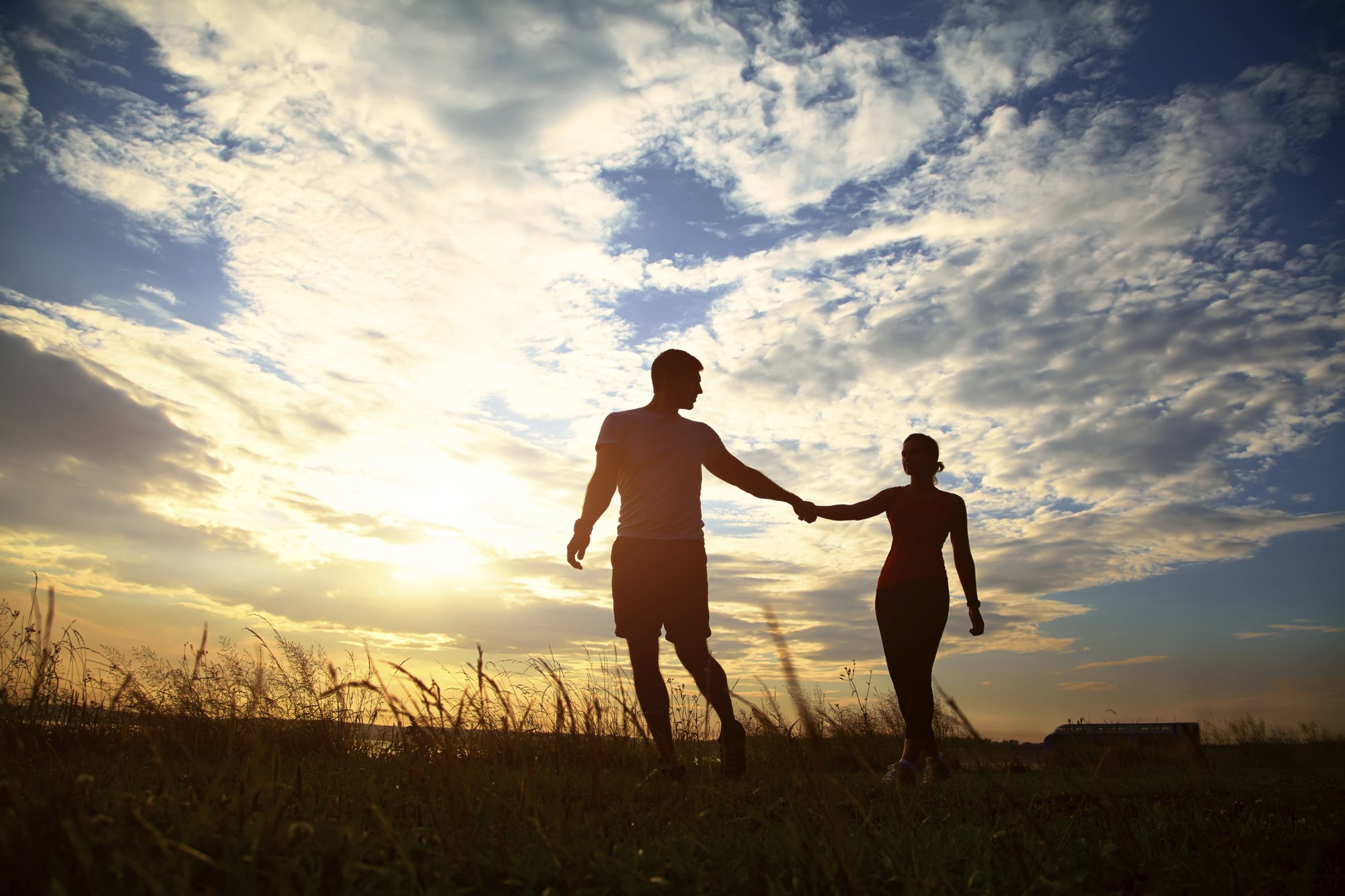 Two people holding hands in the sunset