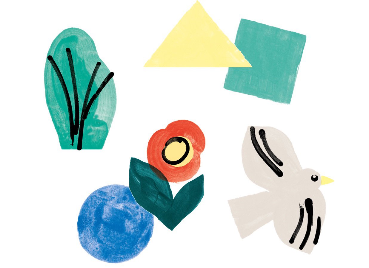 Illustration of a bird a flower and colorful shapes
