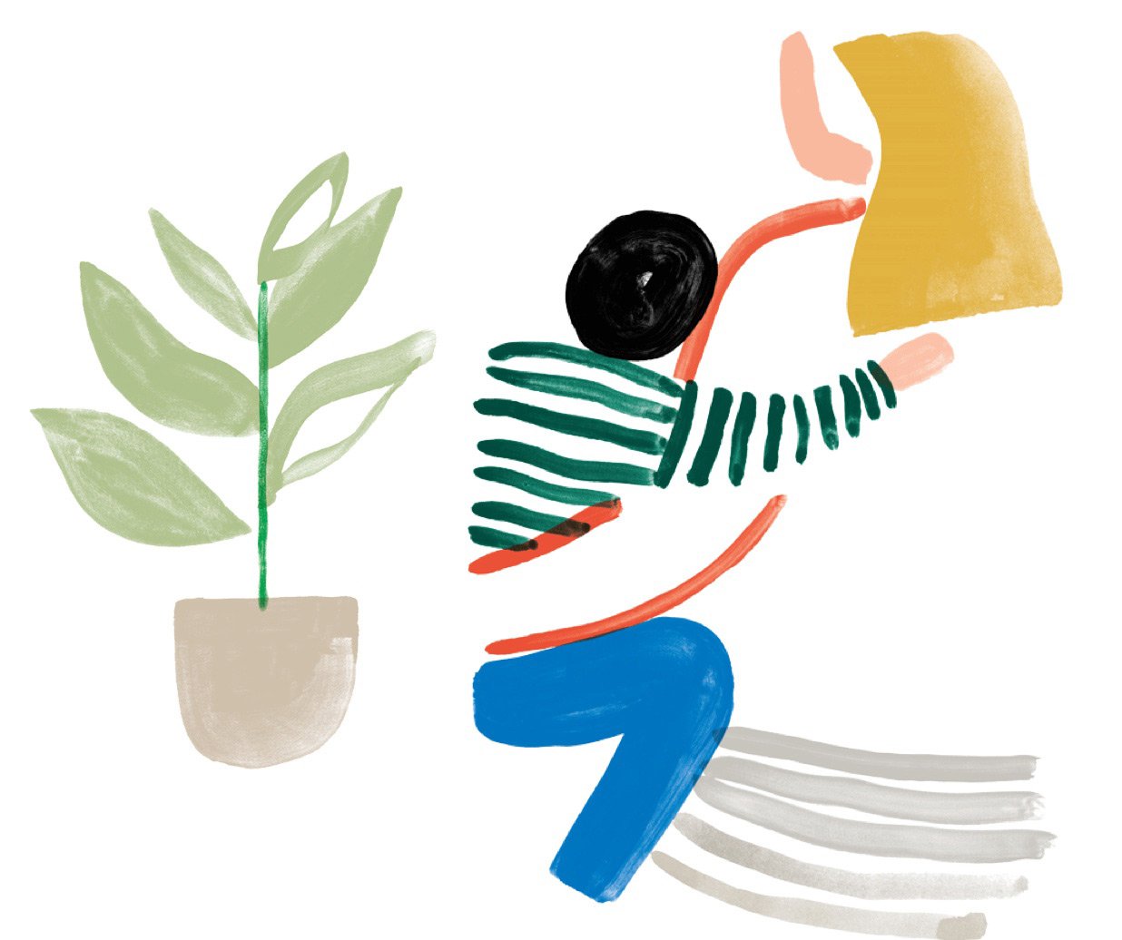 Illustration of a woman holding a child next to a plant