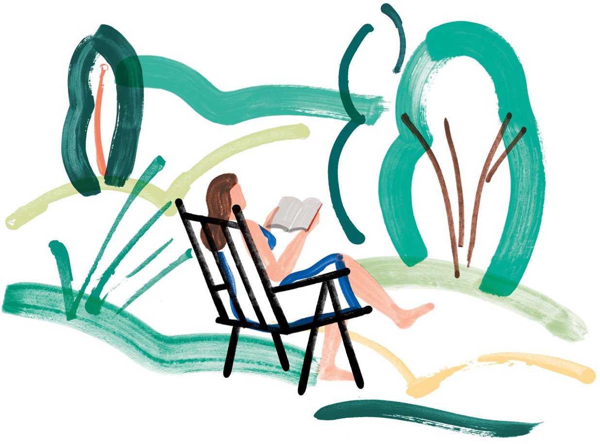 Illustration of a woman in a black chair reading