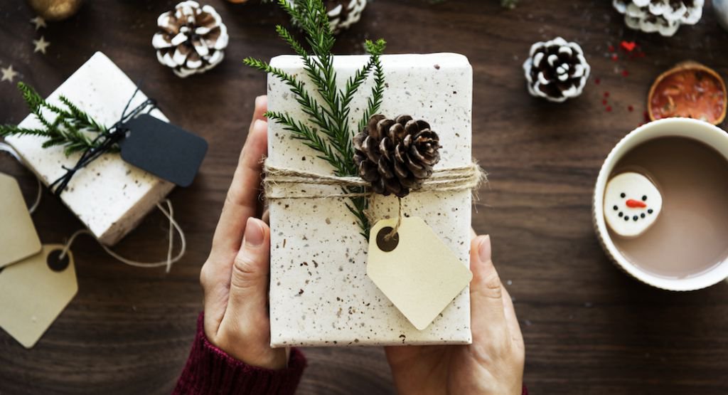 Hands holding holiday themed present