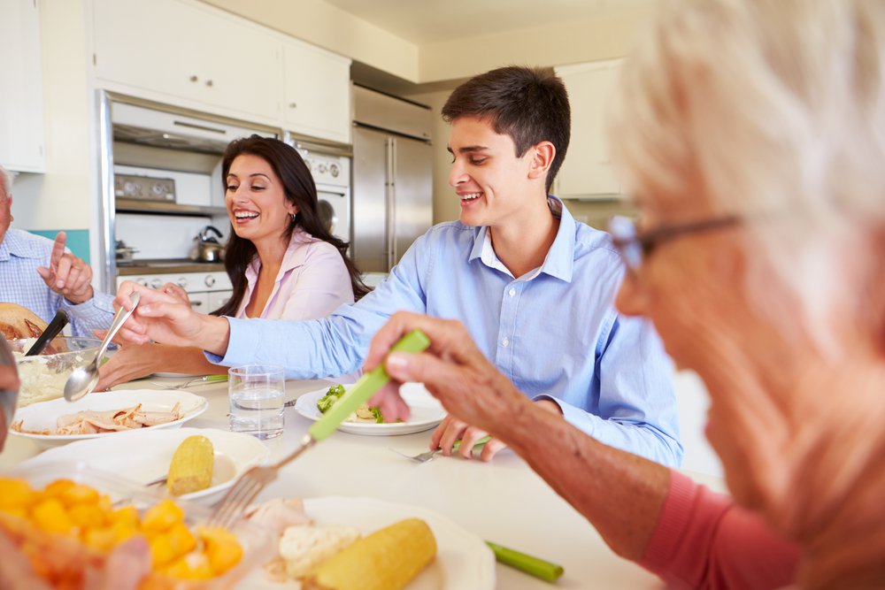 Family eating around a dinner table