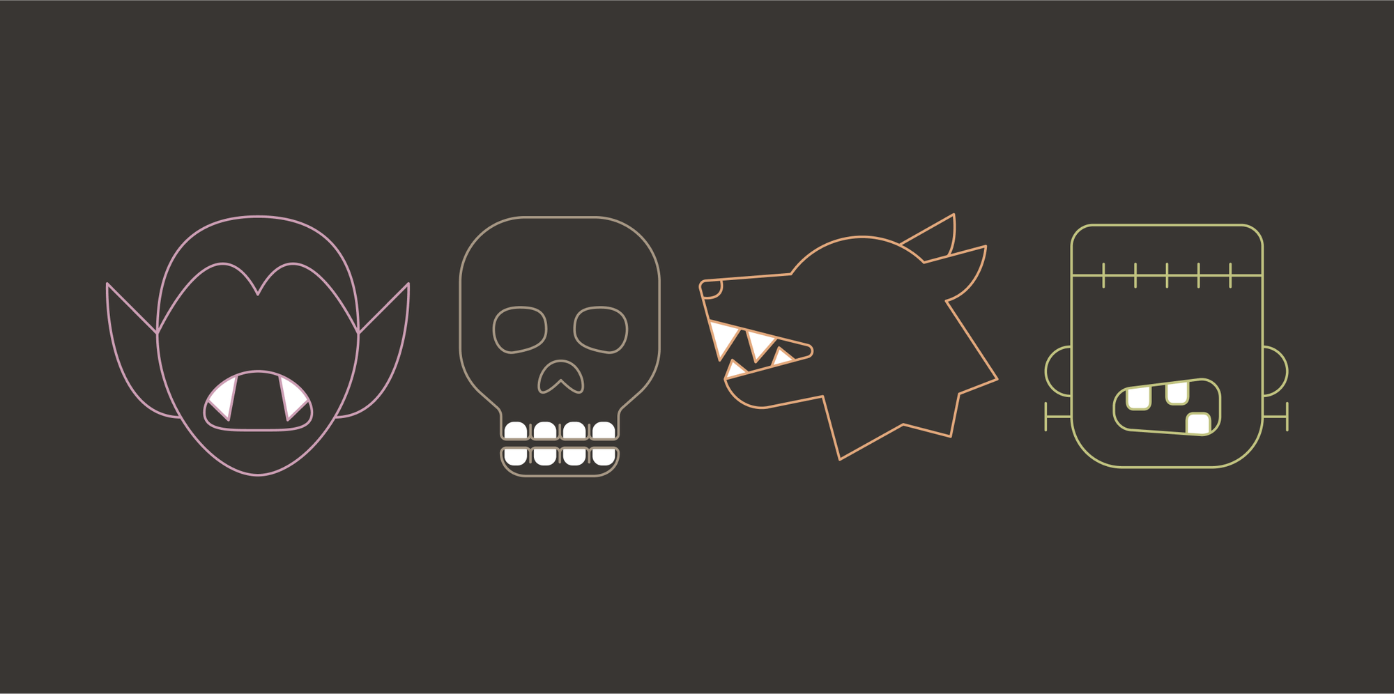 Illustration of dracula, skeleton, wolf, and frankenstein fangs