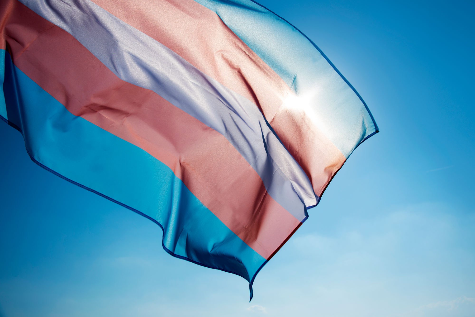Transgender pride flag waving in the sky.