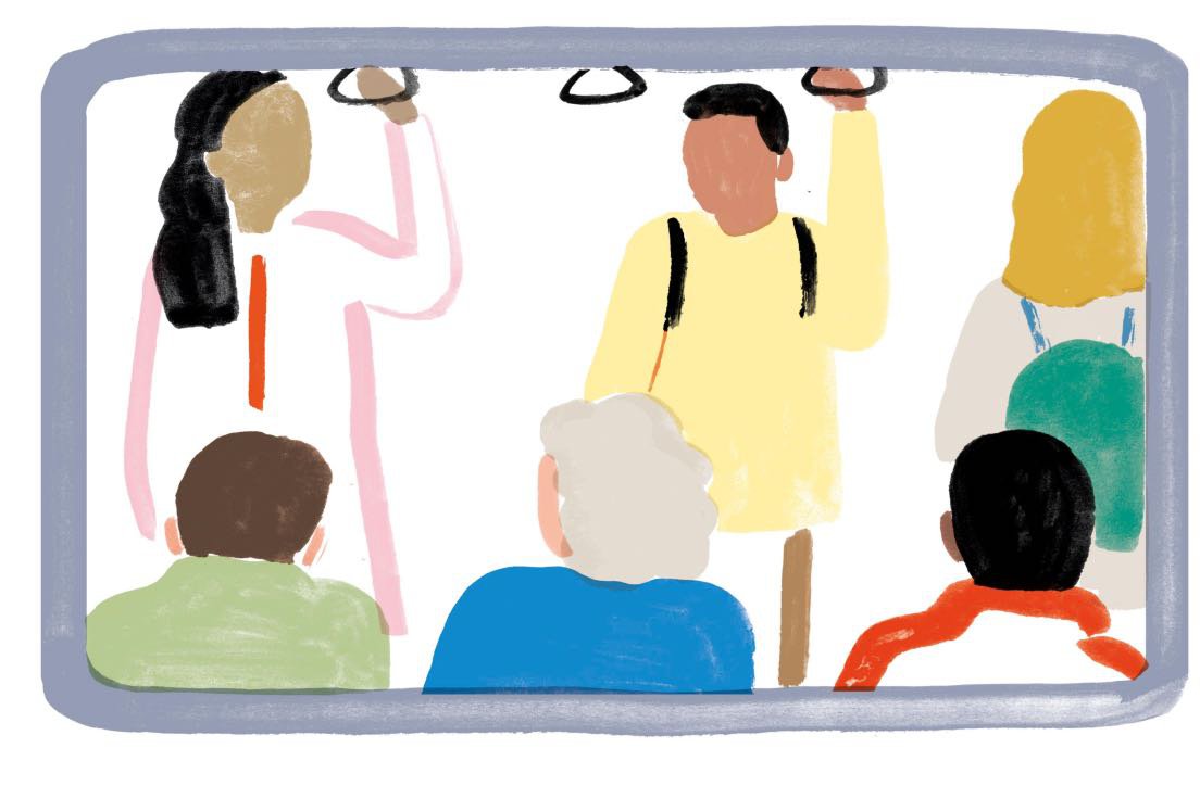 Illustration of two people traveling on public transportation