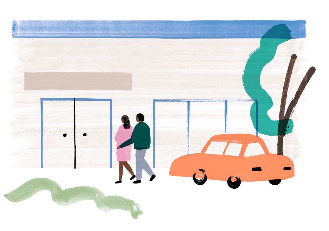 Illustration of two people walking towards a doctor's office